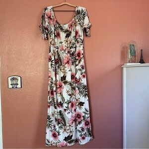 Tropical Floral Maxi Dress in Pink and White